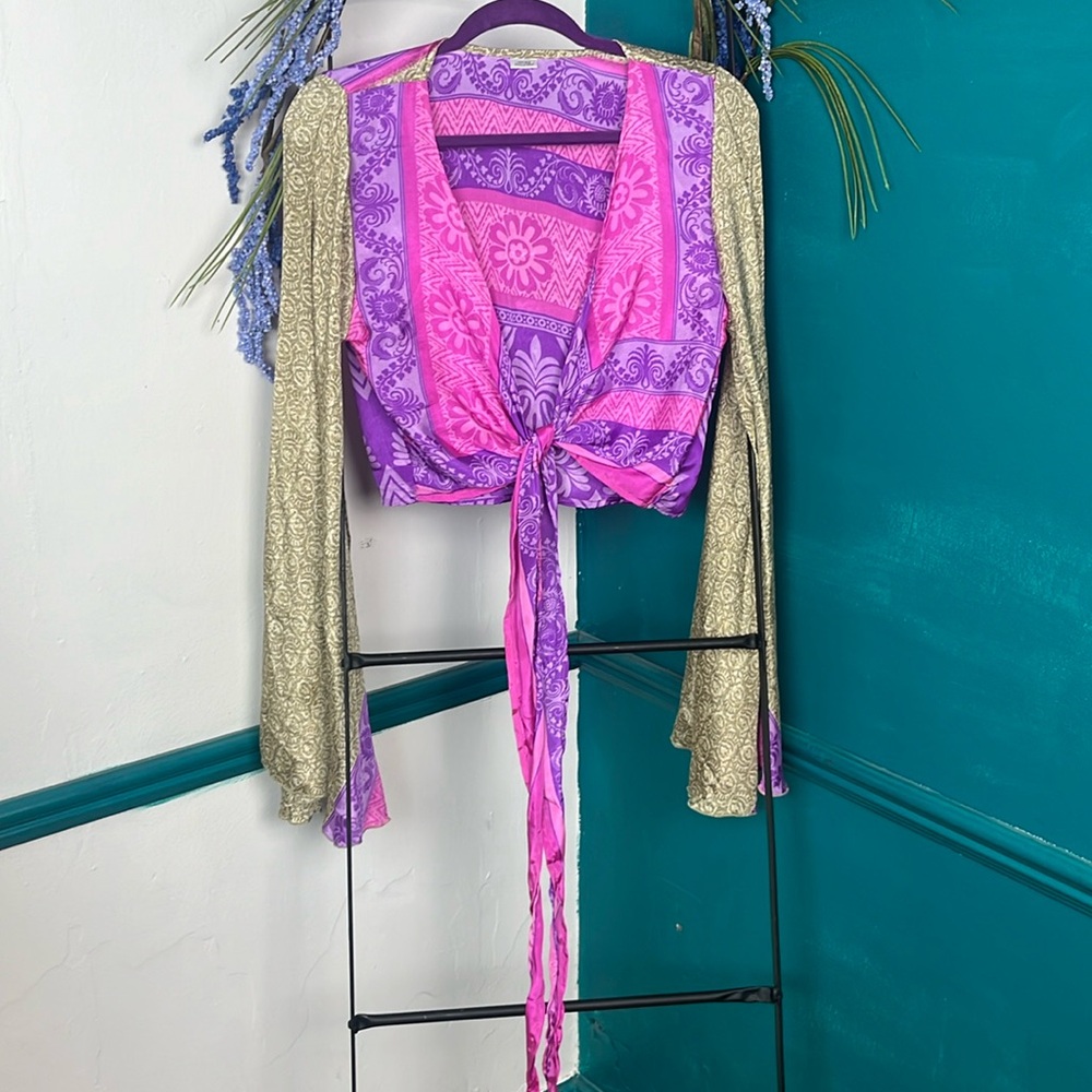 Women's Purple/Pink/Yellow 100%
Silk Long Sleeve Wrap Shirt